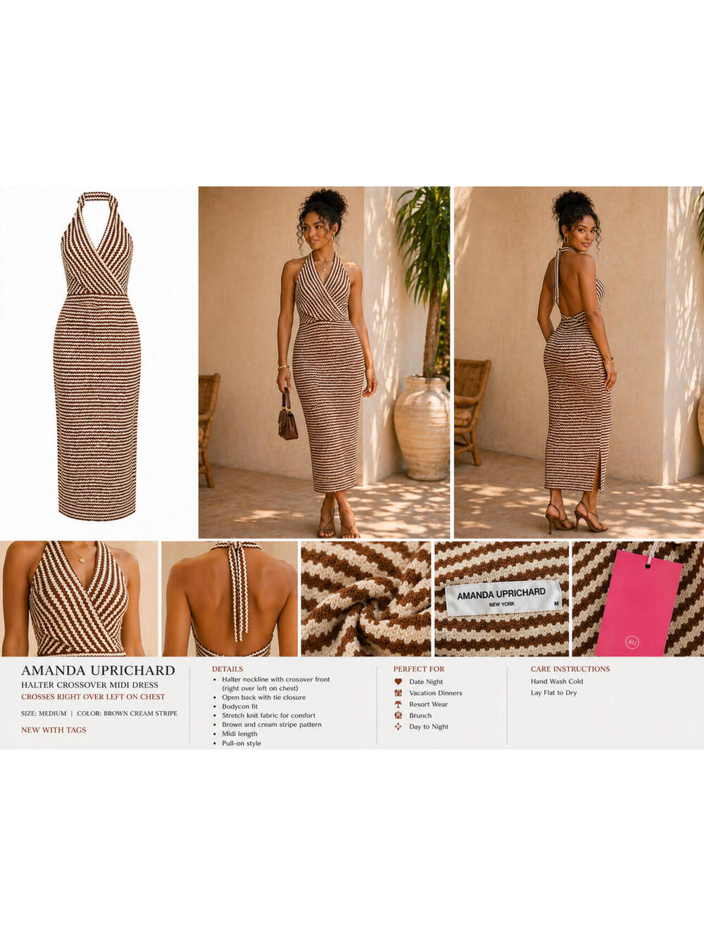 Amanda Uprichard Halter Crossover Midi Dress M Brown Cream Stripe Bodycon Open B